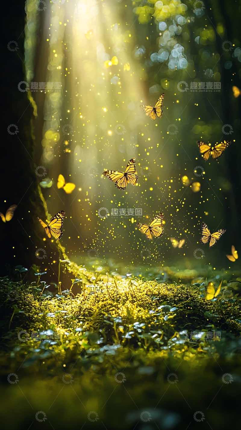 高清大图下载【趣麦麦图】森林光线下的蝴蝶群舞