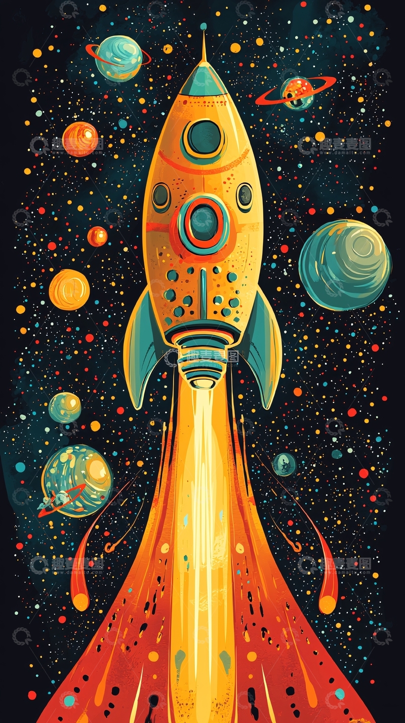 高清大图下载【趣麦麦图】复古火箭宇宙飞船