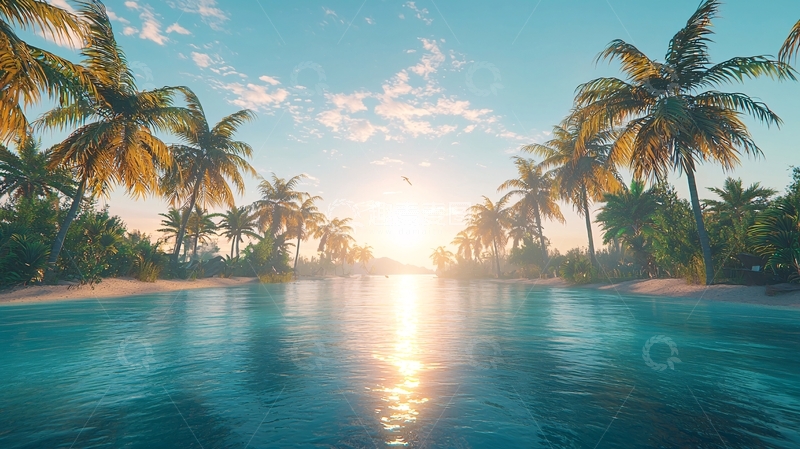 高清大图下载【趣麦麦图】热带海滩日落椰林