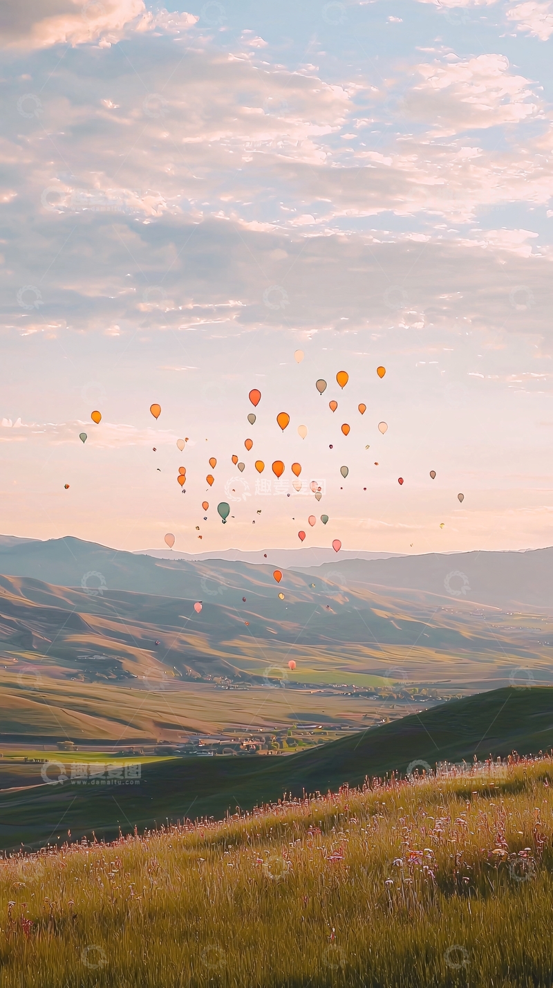 高清大图下载【趣麦麦图】热气球飞跃山谷