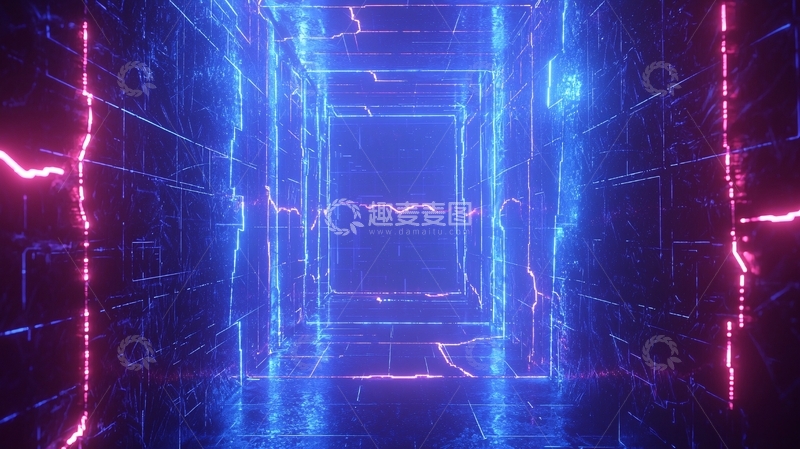 高清大图下载【趣麦麦图】蓝紫霓虹灯科幻走廊