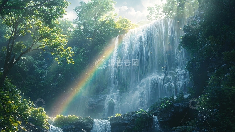 高清大图下载【趣麦麦图】阳光彩虹瀑布森林