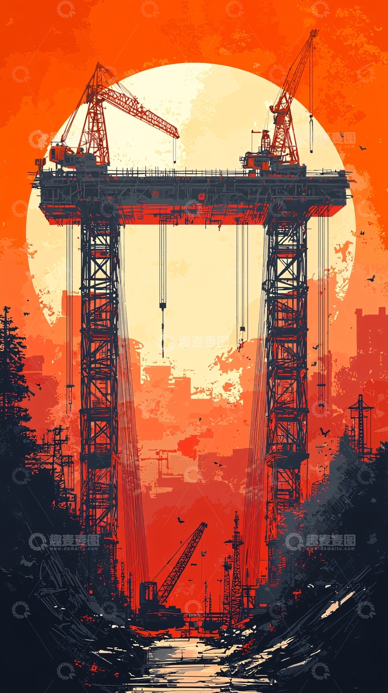 高清大图下载【趣麦麦图】日落时分建筑工地