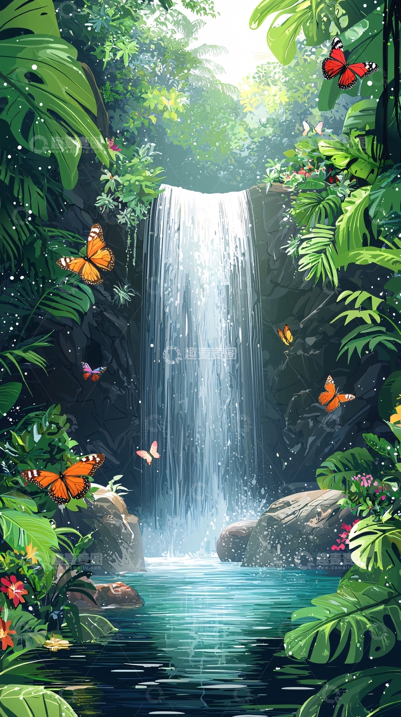 高清大图下载【趣麦麦图】热带雨林瀑布飞瀑