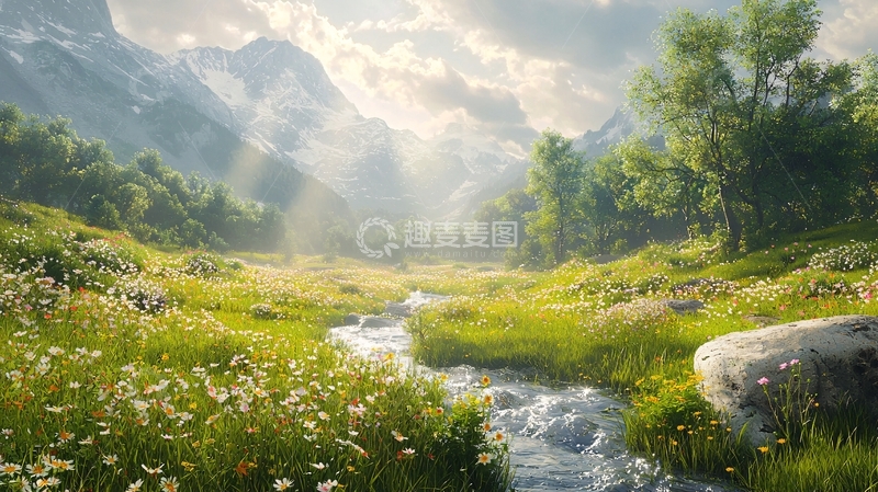 高清大图下载【趣麦麦图】阳光下的山谷溪流