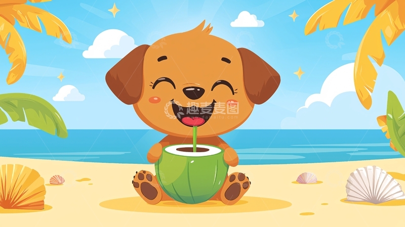 高清大图下载【趣麦麦图】沙滩上喝椰子的小狗