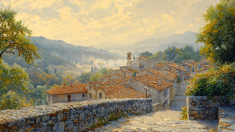 高清大图下载【趣麦麦图】托斯卡纳风格的村庄风景画