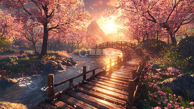 高清大图下载【趣麦麦图】唯美日落樱花树桥