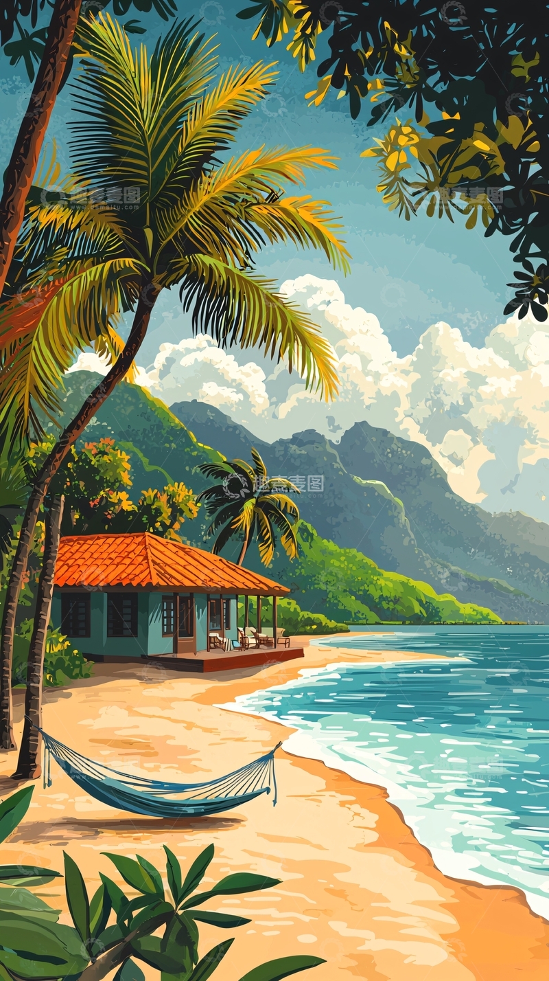 高清大图下载【趣麦麦图】海边小屋风景画