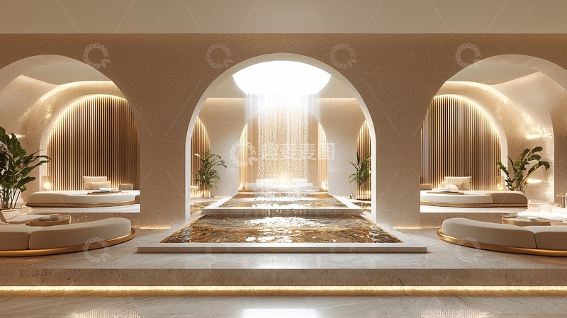 高清大图下载【趣麦麦图】米色拱门水景休息区