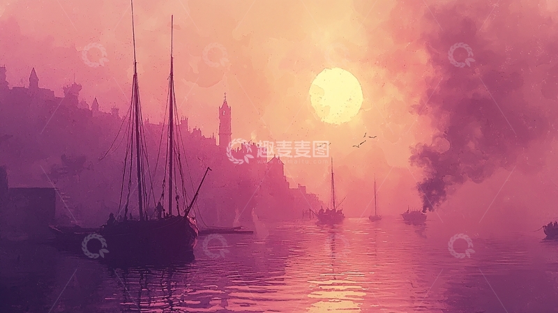 高清大图下载【趣麦麦图】紫色日落下的港口小镇