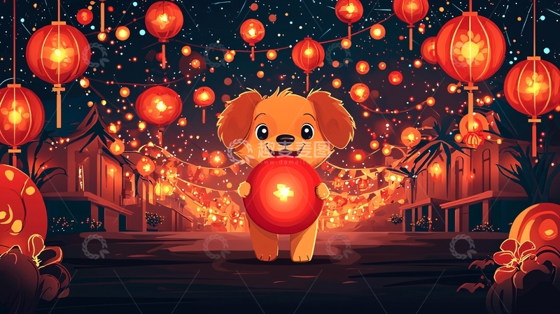 高清大图下载【趣麦麦图】小狗提灯笼过元宵节