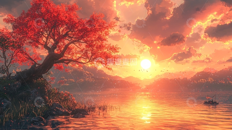 高清大图下载【趣麦麦图】红枫树下落日余晖