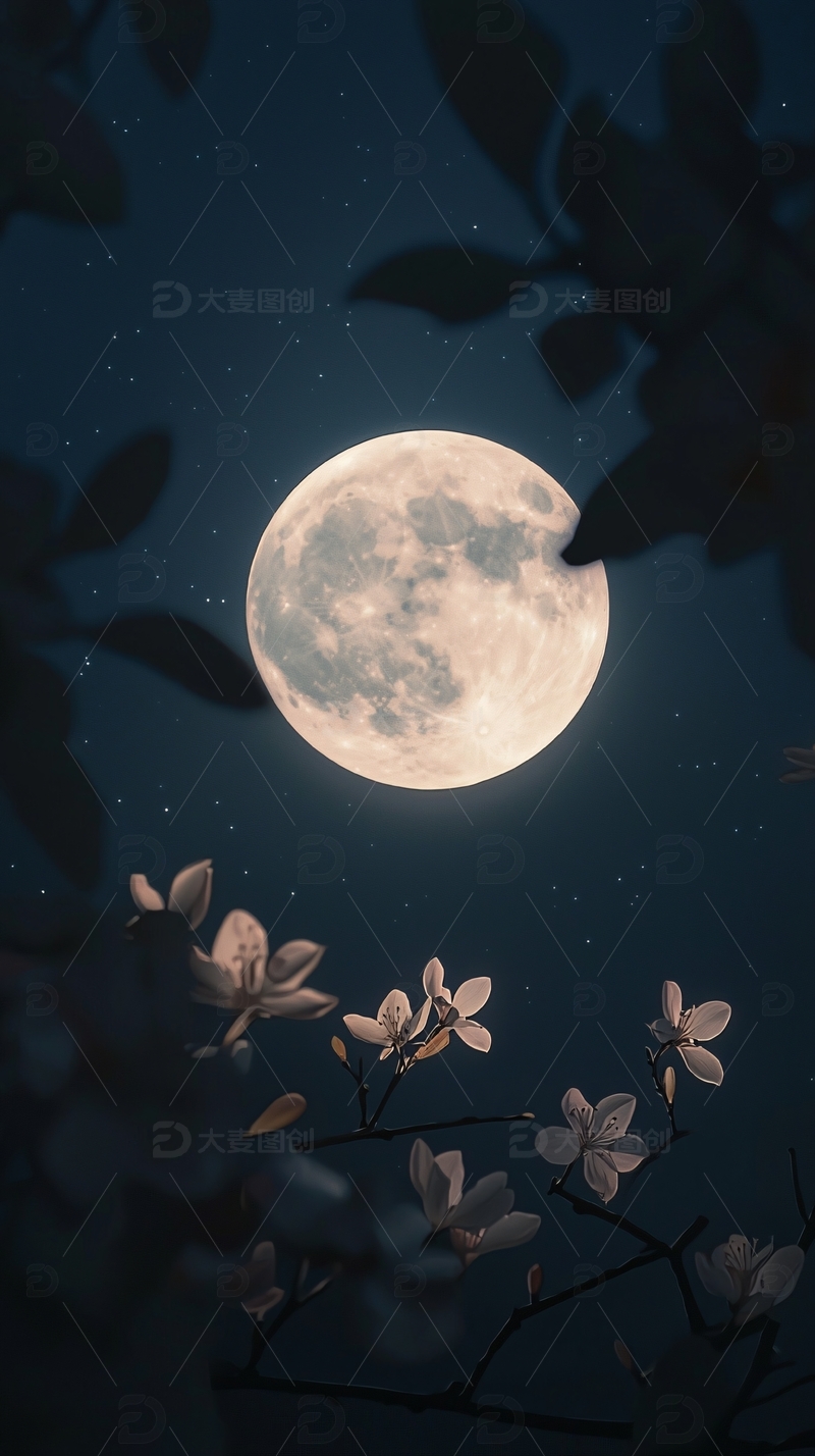 夜空下的满月与玉兰花