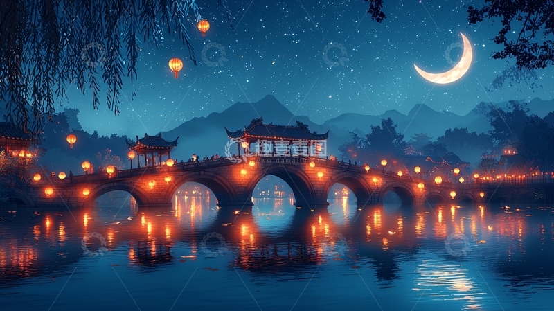 高清大图下载【趣麦麦图】夜晚古桥夜景