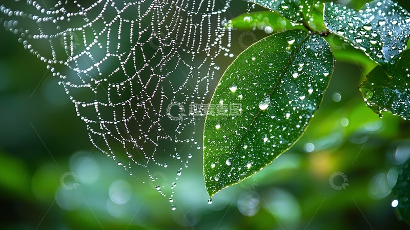 高清大图下载【趣麦麦图】露珠蜘蛛网绿叶