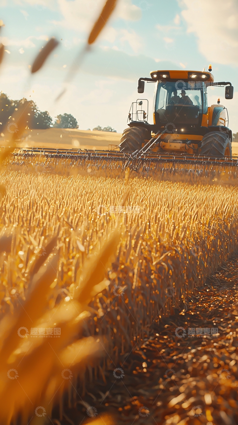 高清大图下载【趣麦麦图】金色麦田收割机