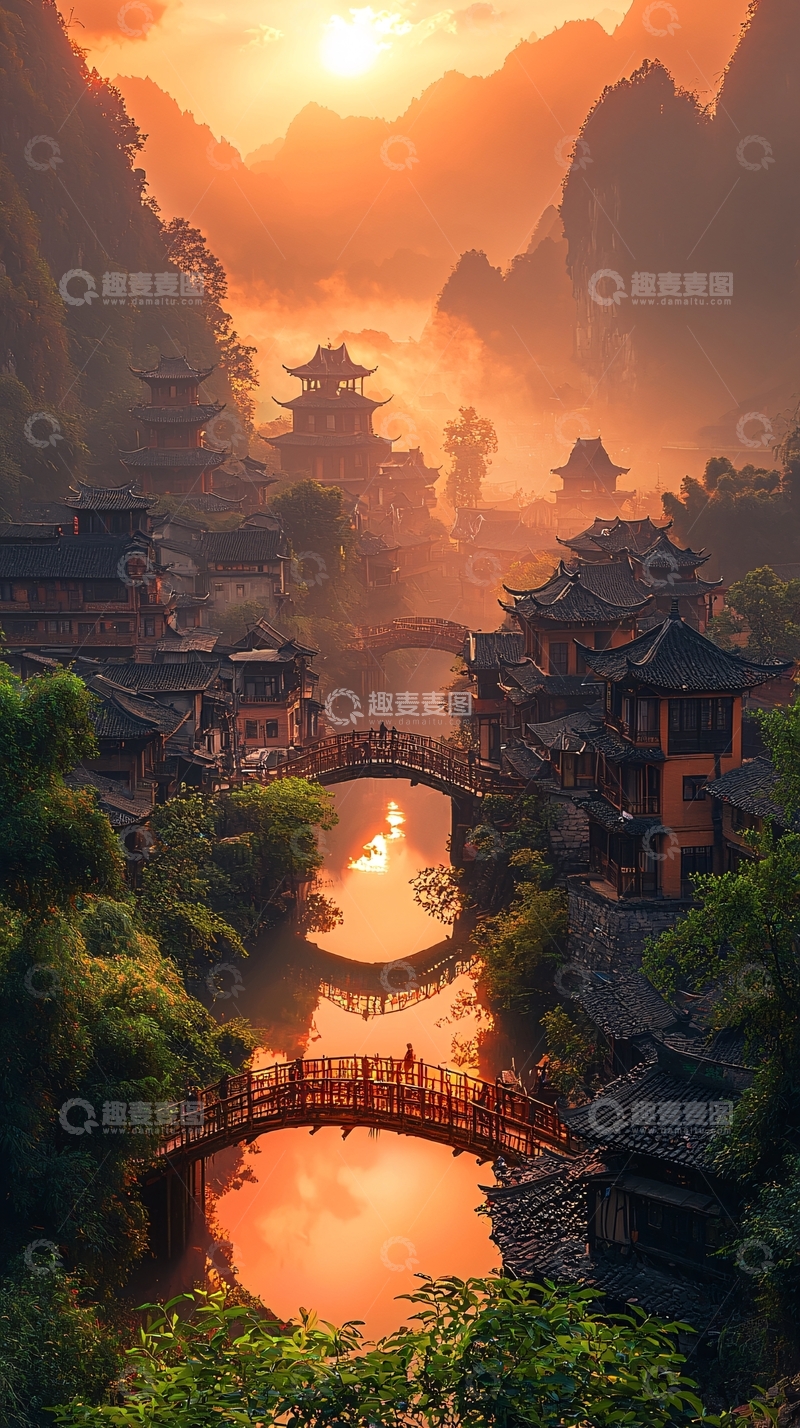 高清大图下载【趣麦麦图】日出山间古镇