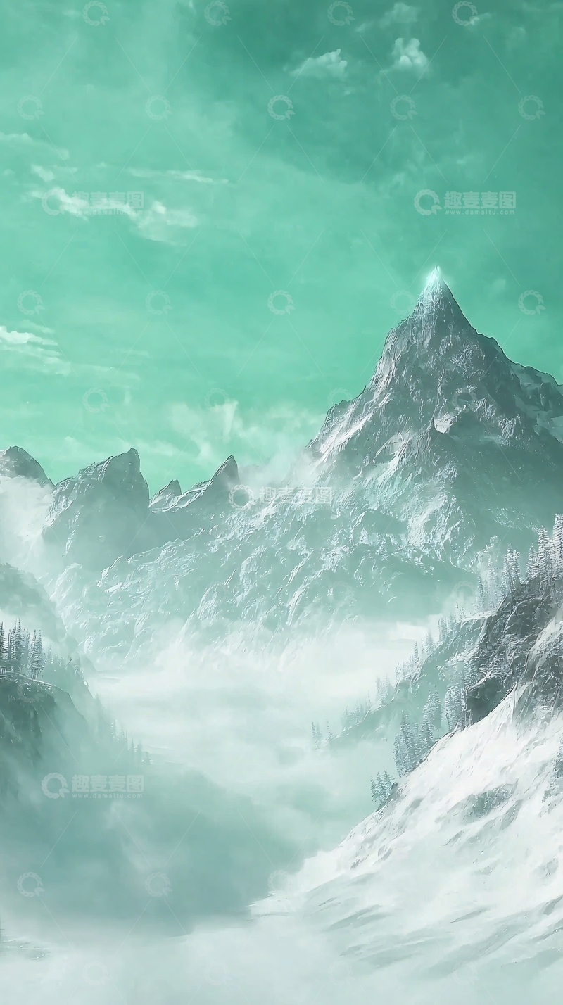 高清大图下载【趣麦麦图】薄雾笼罩下的青绿色山峰