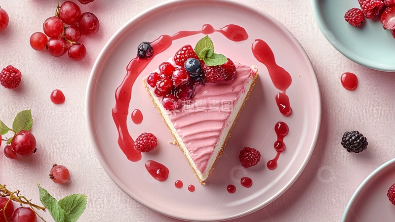 高清大图下载【趣麦麦图】粉色盘子里的草莓芝士蛋糕