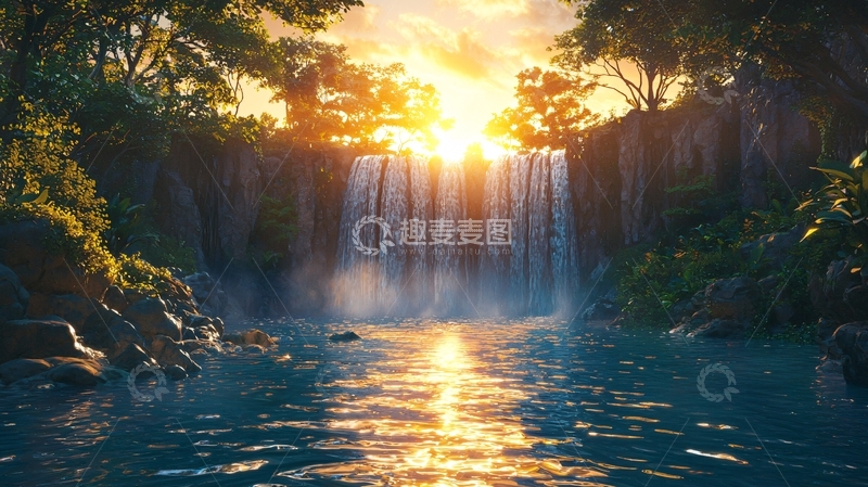 高清大图下载【趣麦麦图】日落瀑布森林景色
