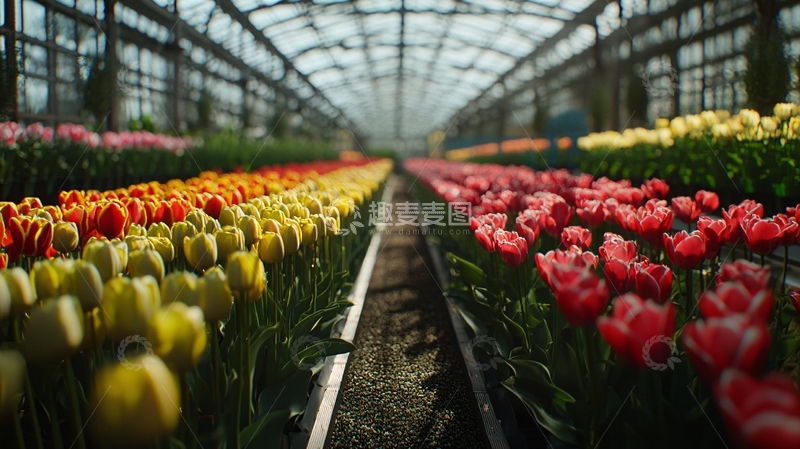 高清大图下载【趣麦麦图】温室里盛开的彩色郁金香