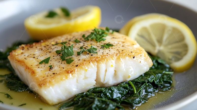 高清大图下载【趣麦麦图】煎鱼柳配菠菜