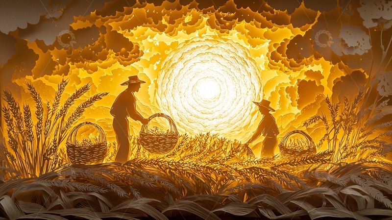 高清大图下载【趣麦麦图】夕阳下收割麦子的农民