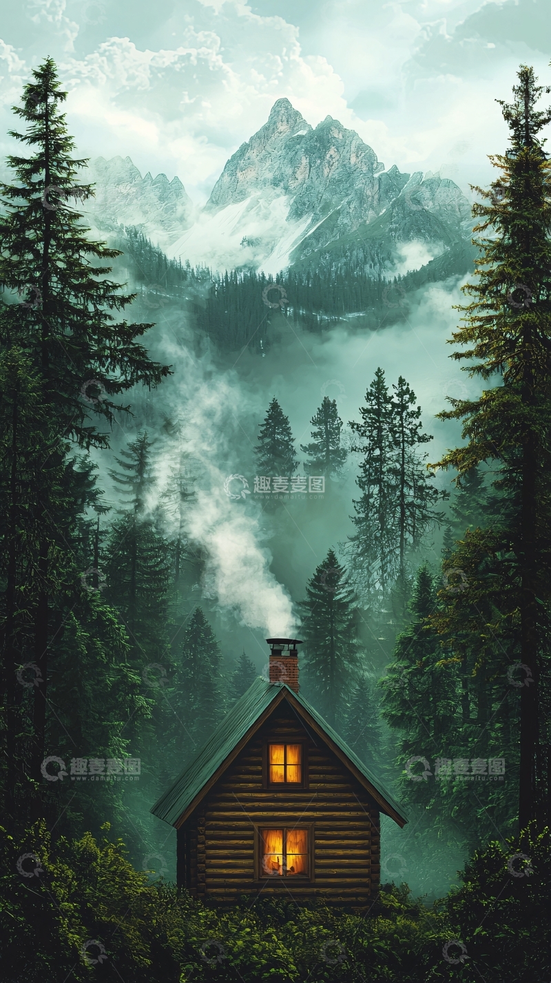 高清大图下载【趣麦麦图】山林小屋夜景