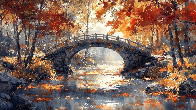 高清大图下载【趣麦麦图】秋季石桥水面倒影