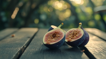 木桌上切开的紫色无花果