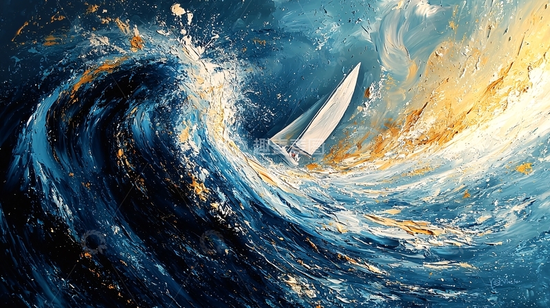 高清大图下载【趣麦麦图】巨浪惊涛中的一叶小舟