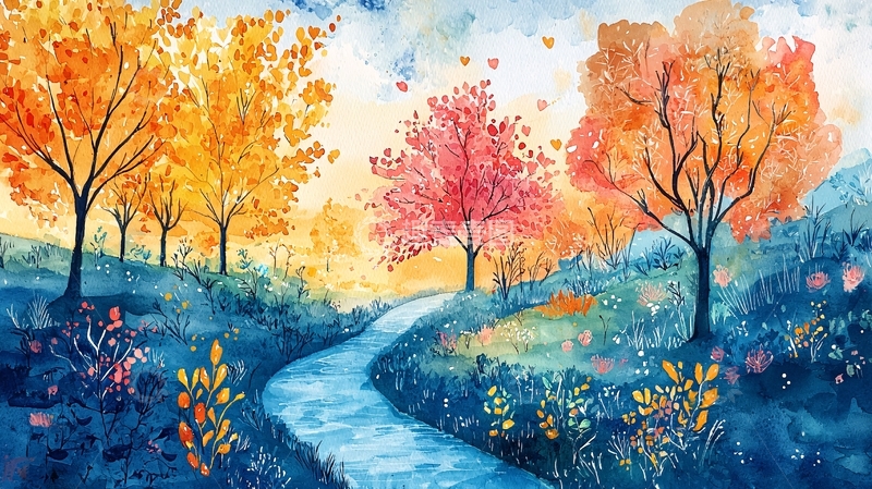 高清大图下载【趣麦麦图】秋日小溪水彩画