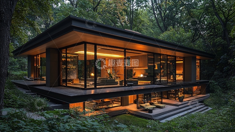 高清大图下载【趣麦麦图】森林环抱的现代玻璃屋