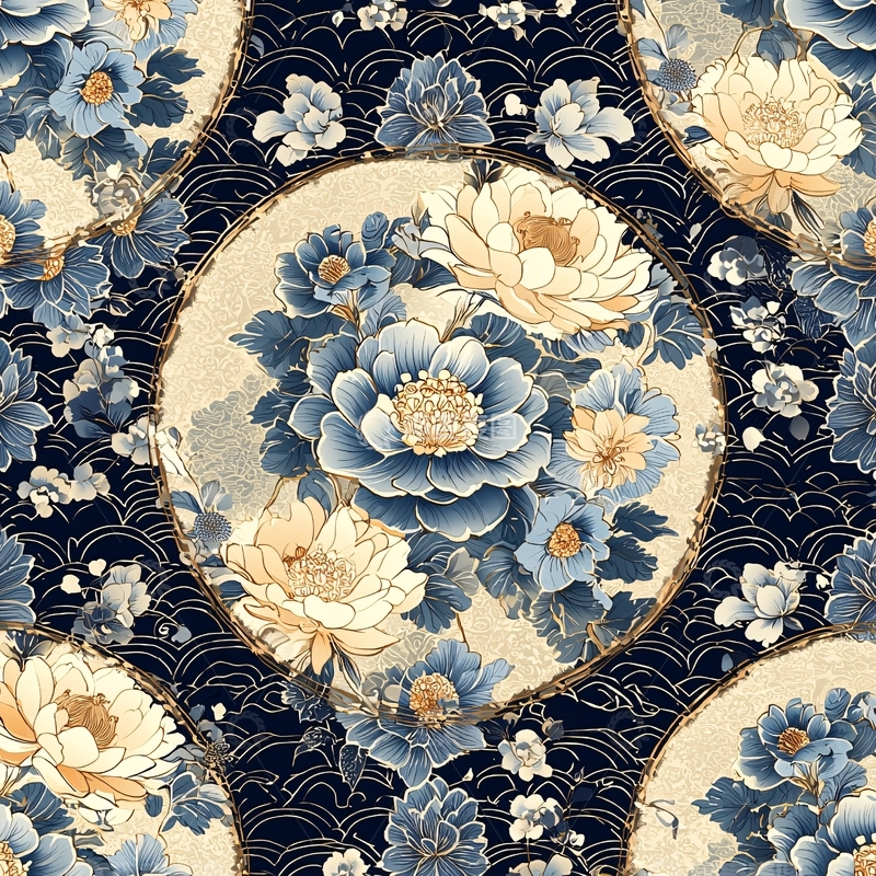 高清大图下载【趣麦麦图】蓝色牡丹与米色花朵的圆形图案