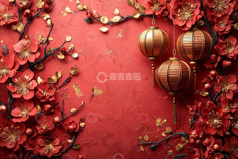 高清大图下载【趣麦麦图】红色背景上的新年装饰