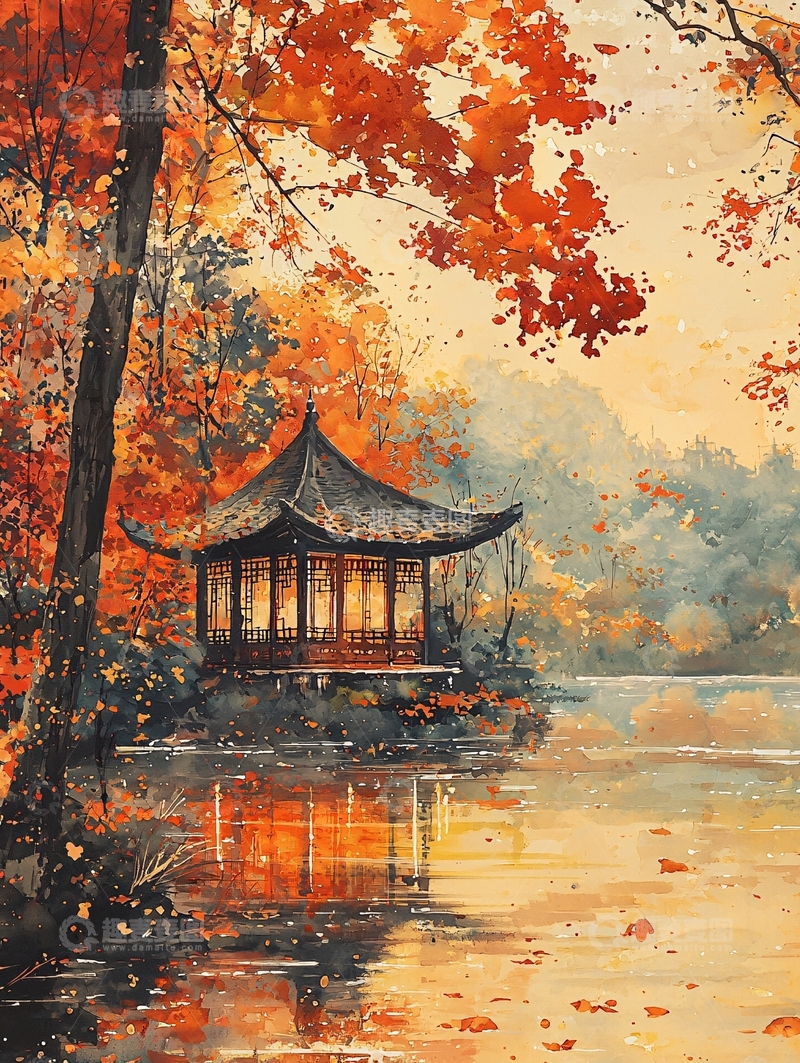高清大图下载【趣麦麦图】秋日湖畔的中国亭子
