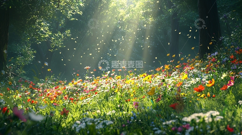 高清大图下载【趣麦麦图】阳光穿过树林照亮花田
