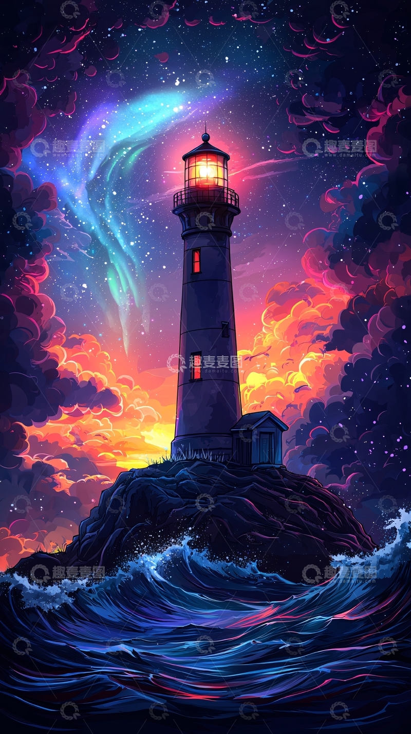 高清大图下载【趣麦麦图】星空下的灯塔