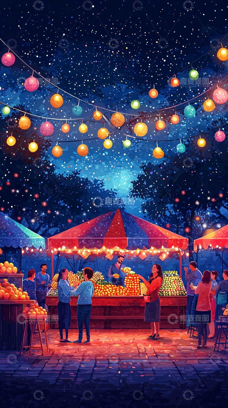 高清大图下载【趣麦麦图】夜幕下的热闹集市