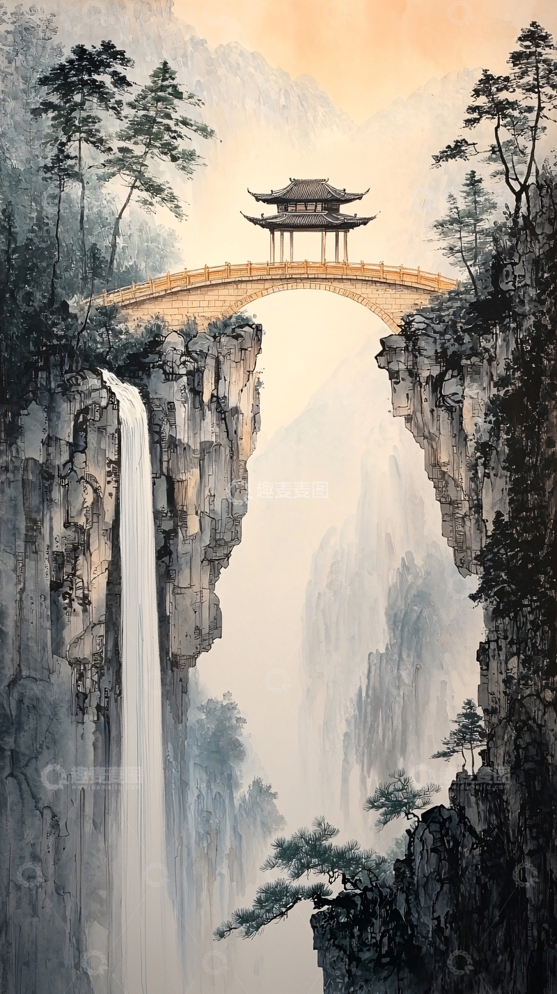高清大图下载【趣麦麦图】山水画意境桥上亭子