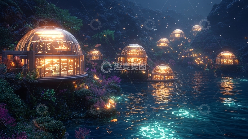 高清大图下载【趣麦麦图】夜间梦幻玻璃穹顶小屋