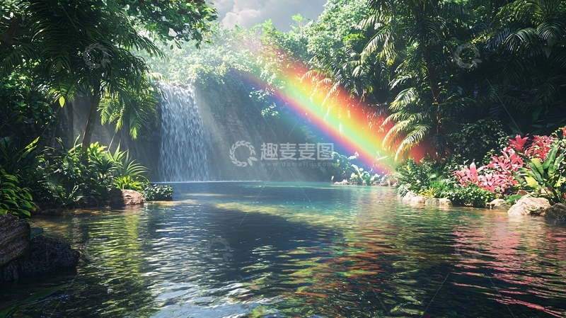 高清大图下载【趣麦麦图】热带雨林瀑布彩虹景观