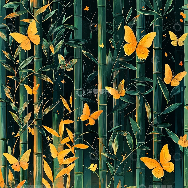 高清大图下载【趣麦麦图】水墨竹林黄蝴蝶