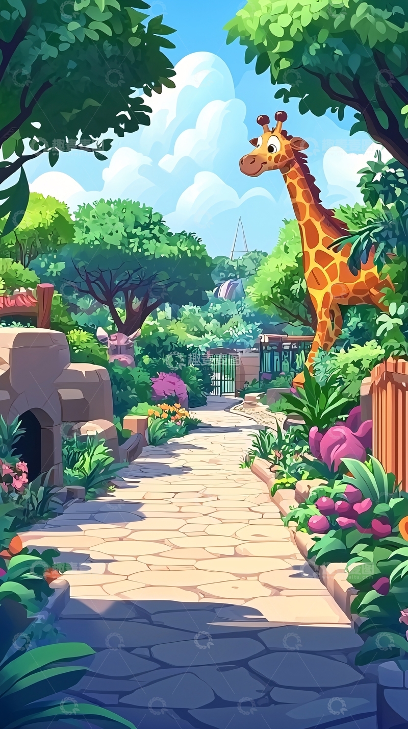 高清大图下载【趣麦麦图】长颈鹿动物园卡通风格
