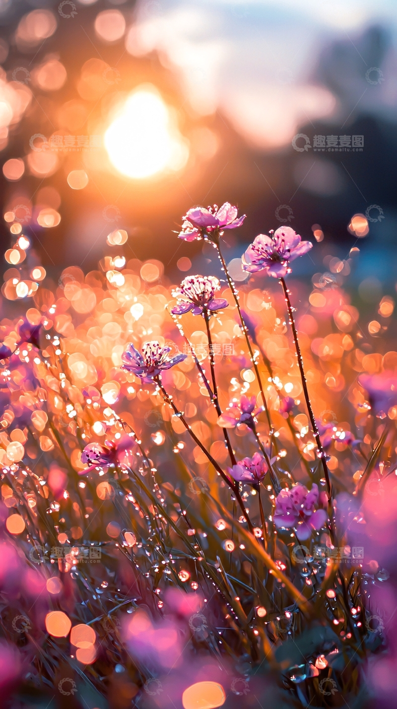 高清大图下载【趣麦麦图】日出时分沾满露水的粉色花朵
