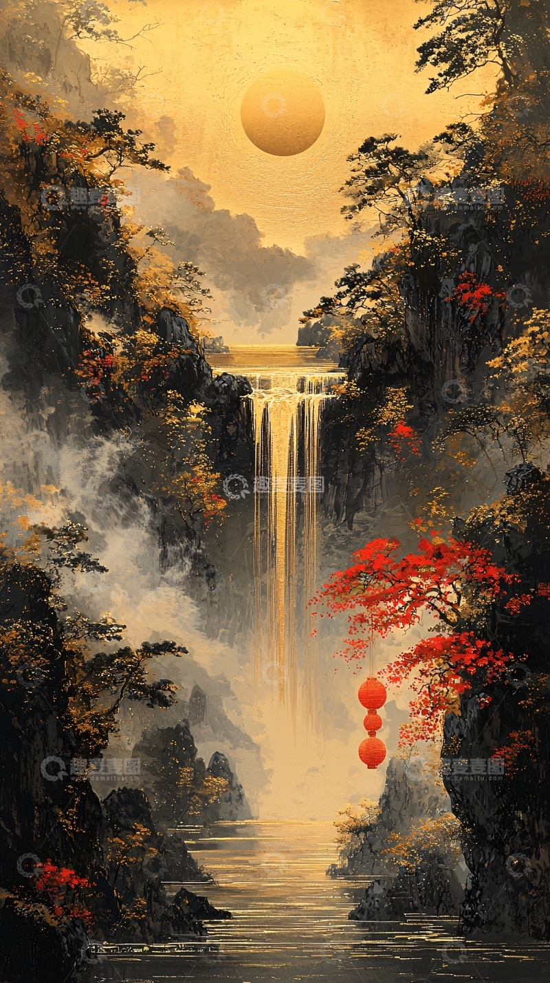 高清大图下载【趣麦麦图】水墨风山水瀑布秋色