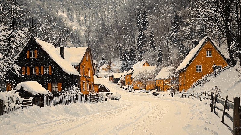 高清大图下载【趣麦麦图】雪景村庄