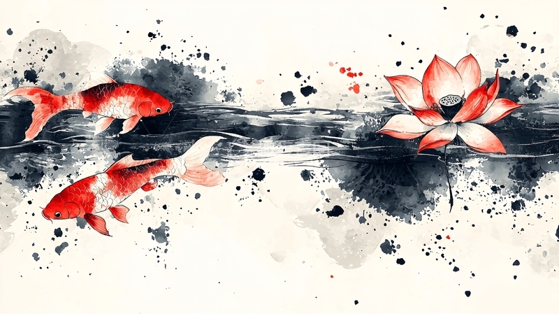 高清大图下载【趣麦麦图】水墨写意金鱼莲花