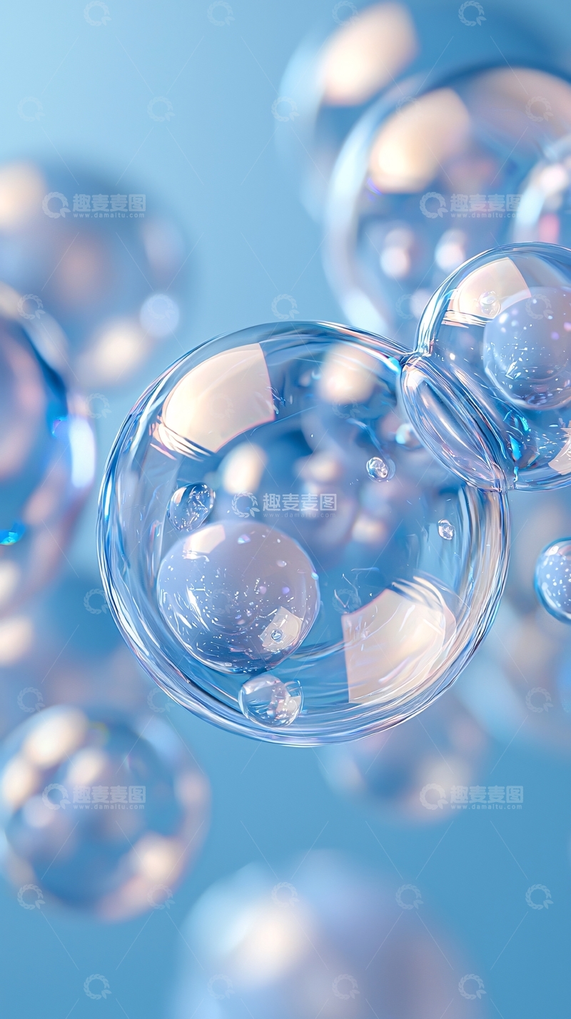 高清大图下载【趣麦麦图】水滴气泡在浅蓝色背景中漂浮